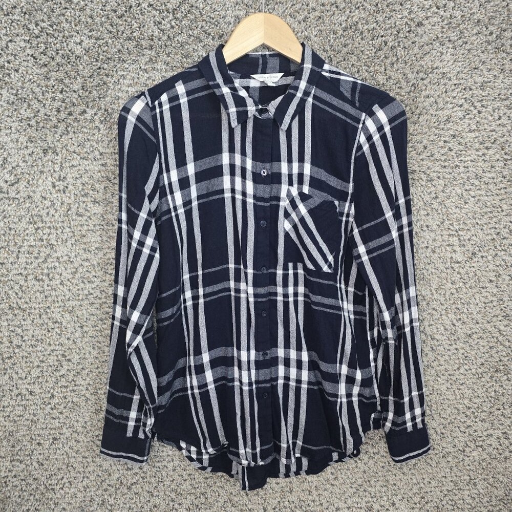 Lucky Brand Top Womens Medium Blue Plaid Button Up Cotton Blend Casual